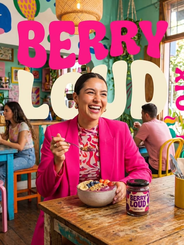 Berry Loud café ad with a woman enjoying an acai bowl