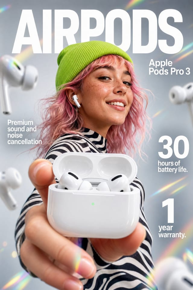 A glossy white wireless earbud charging case is held close to the camera, with two earbuds inside and a green LED light on the front. Behind it, a smiling young woman with freckles, pastel-pink wavy hair, a lime-green knit beanie, and a black-and-white striped shirt wears one earbud. The background is a soft gray studio scene with rainbow prism flares, floating blurred earbuds, and white promotional typography including AIRPODS, Apple Pods Pro 3, premium sound and noise cancellation, 30 hours of battery life, and 1 year warranty.