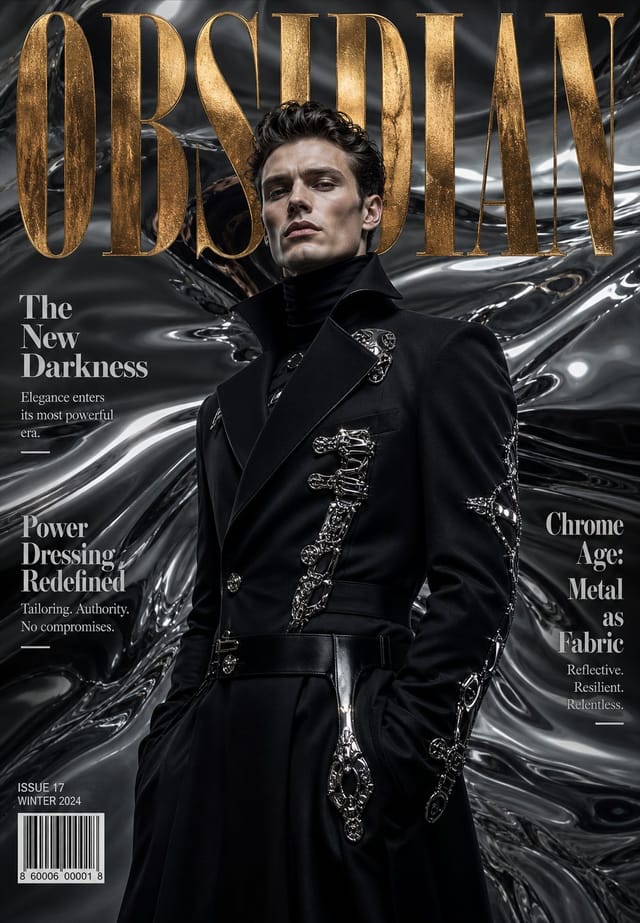 Luxury OBSIDIAN fashion cover with a male model in black couture.