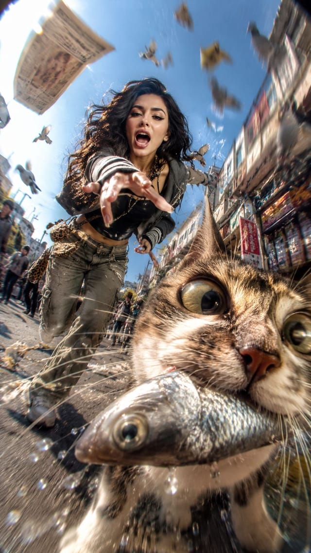 Chaotic fisheye street chase with a cat stealing a fish