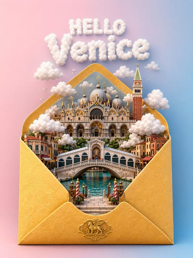 Open golden envelope revealing a miniature world on a pastel gradient background