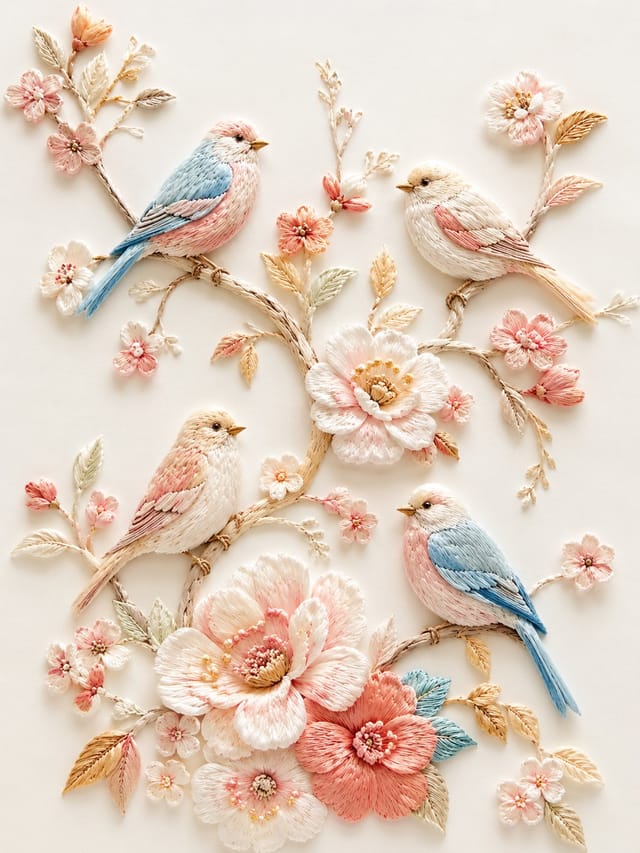 小鸟栖在花枝上的奶白色立体刺绣风插画