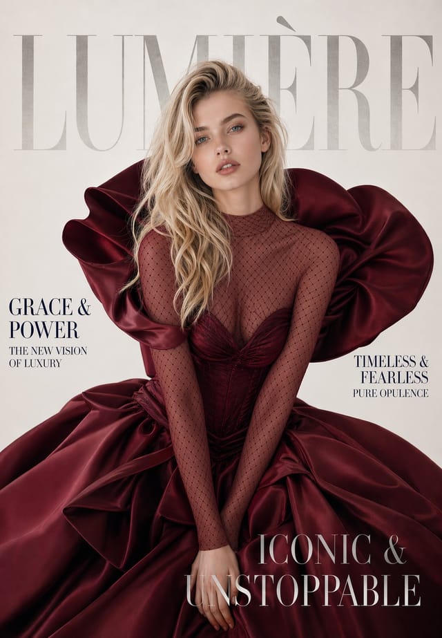 Luxury fashion magazine cover featuring a blonde woman in a burgundy ballgown
