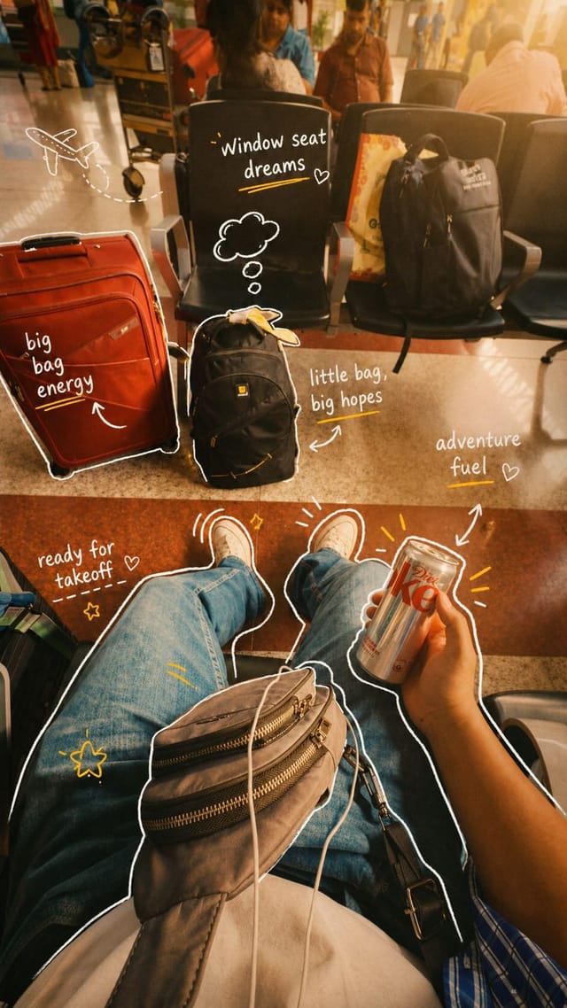 POV airport and airplane travel scenes with playful scrapbook doodles