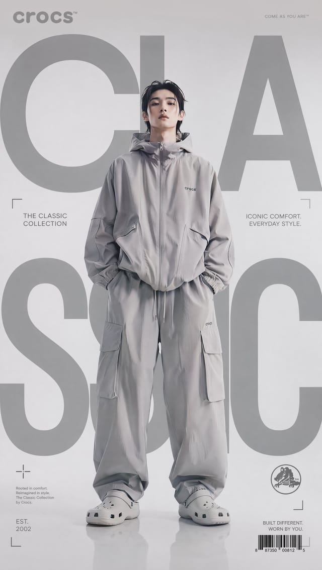 Luxury streetwear editorial poster with centered model and oversized background typography