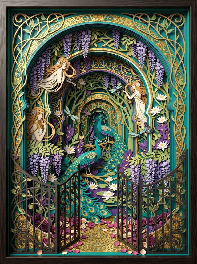 Layered paper-cut Art Nouveau garden with gold patterns and floral arches