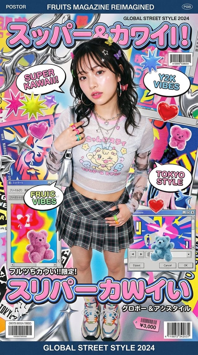 Stylish young woman in a colorful kawaii Y2K fashion editorial poster