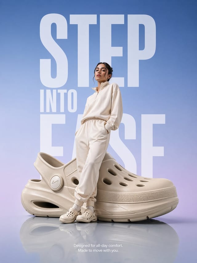 Model leaning against oversized comfort clog in a premium product ad.