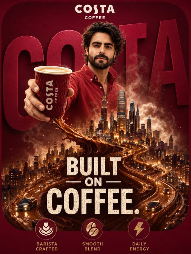Costa coffee ad poster with a city emerging from a cup
