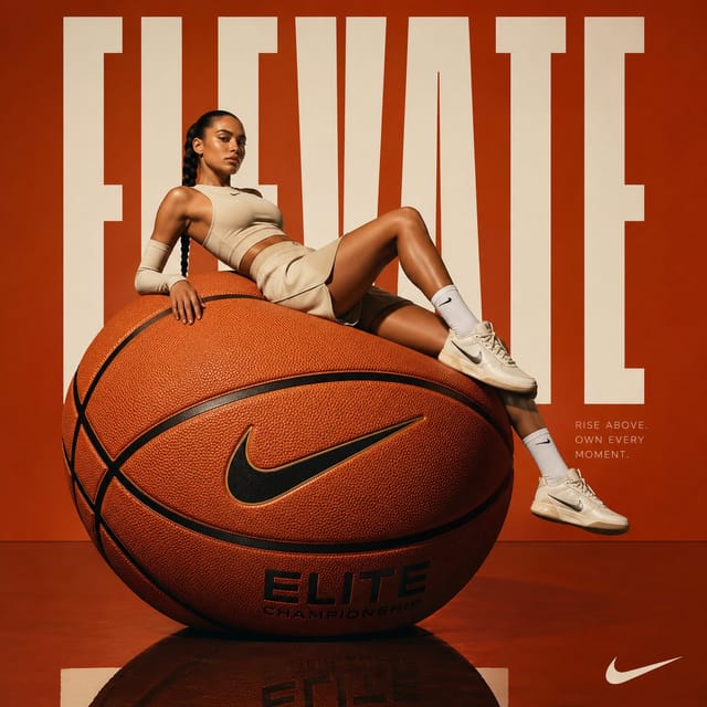 Female athlete reclining on oversized basketball in a luxury sports ad.