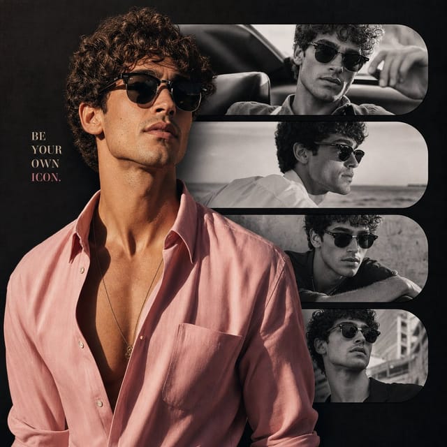 Luxury fashion portrait collage of a male model in sunglasses and pink shirt