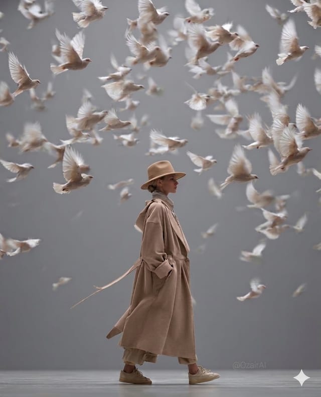 Elegant woman in beige fashion walking through swirling white doves