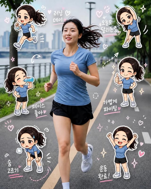 Runner photo surrounded by chibi clone stickers and fitness doodles