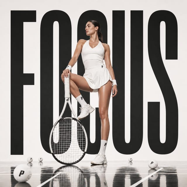 Female athlete lounging on a giant tennis racket in a luxury sportswear ad