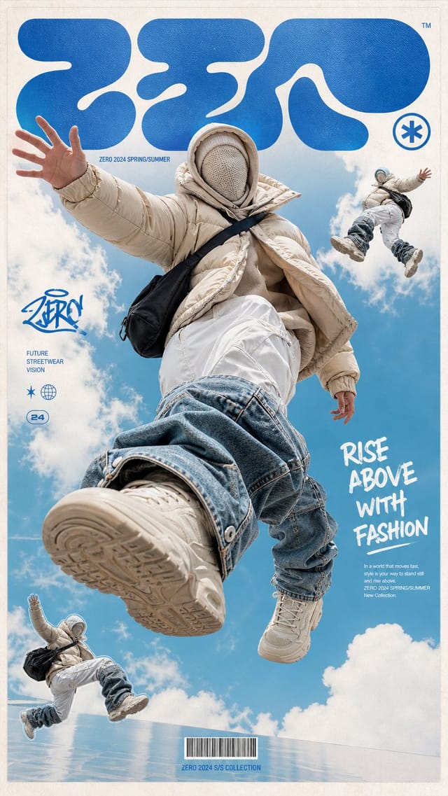 Faceless futuristic streetwear model floating in a sky-based fashion poster