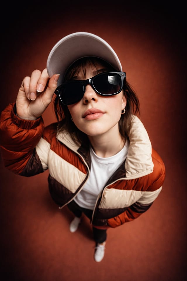 Dramatic fisheye fashion portrait with oversized sunglasses and cap