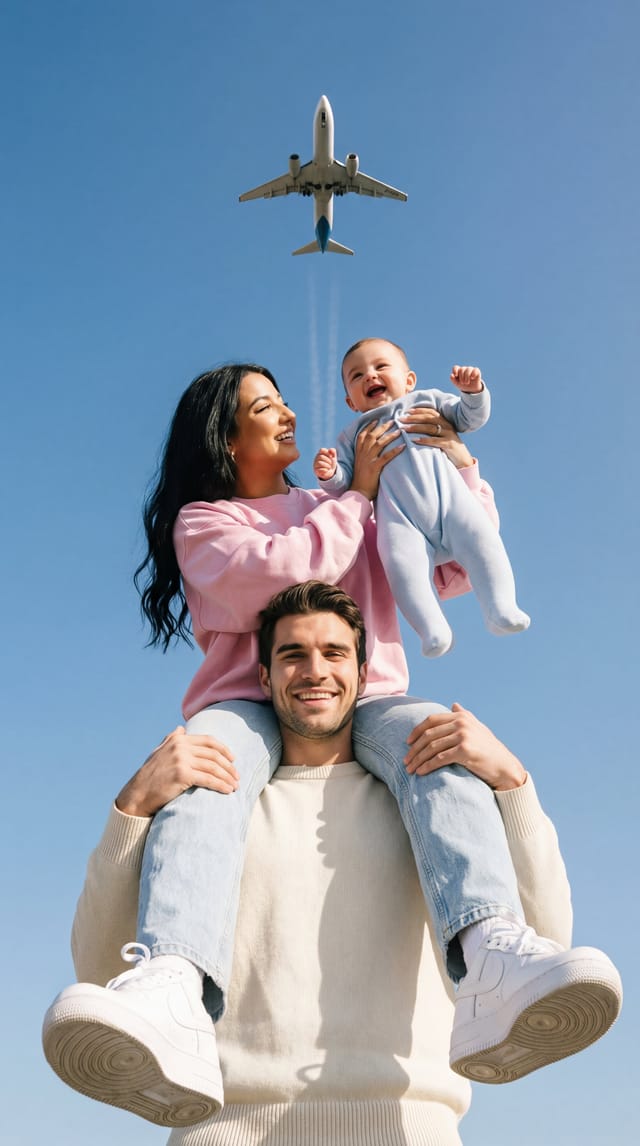 Low-angle family travel portrait with baby and airplane overhead