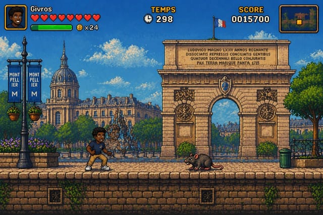Retro pixel art game screen set in Montpellier with character, rat enemy, and HUD