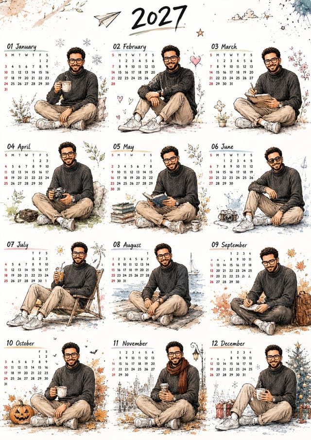 A4 illustrated 2027 calendar poster with seasonal character scenes