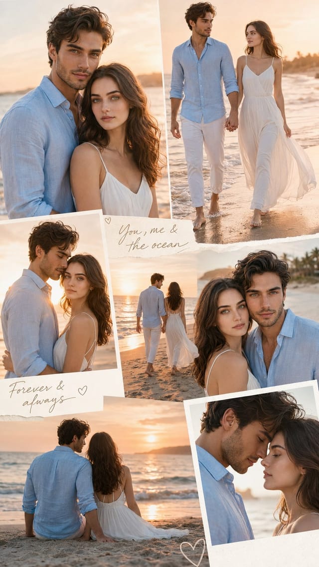 Romantic golden-hour beach collage poster of a young couple